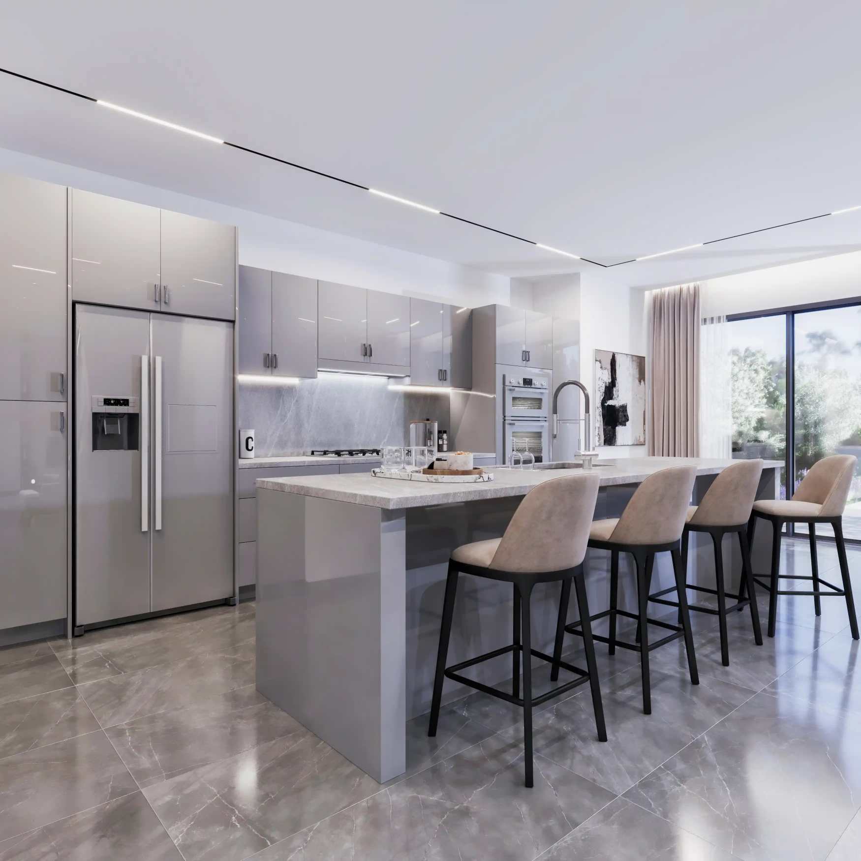Modern gray high-gloss kitchen with island seating