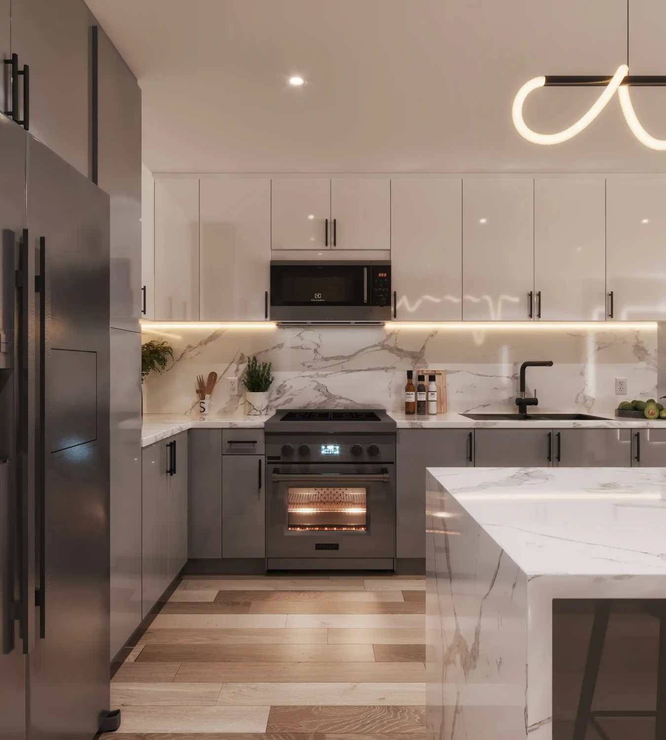 Two-tone modern kitchen with marble waterfall island
