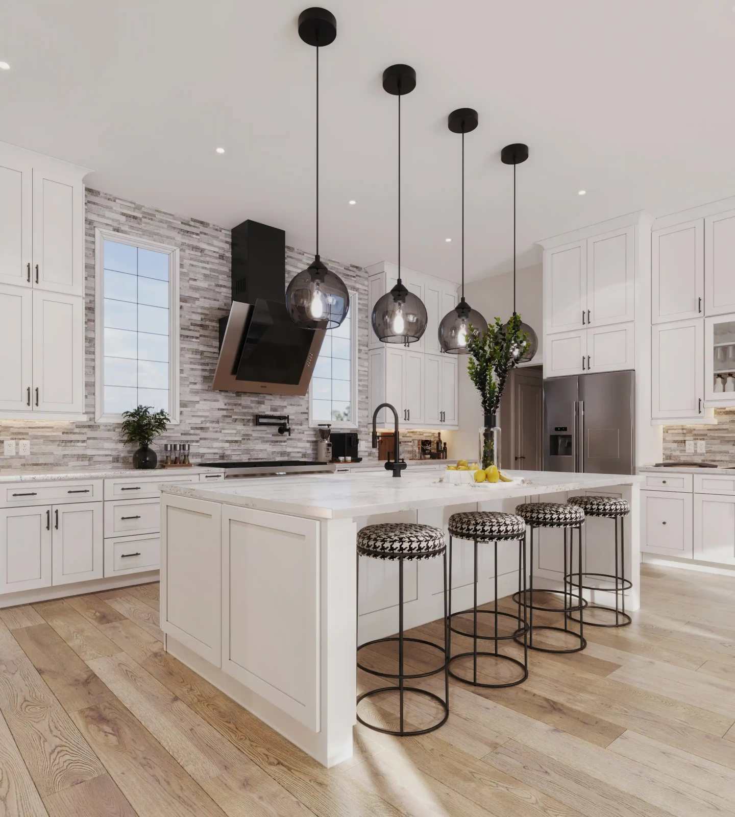 White shaker kitchen with large island and pendant lights