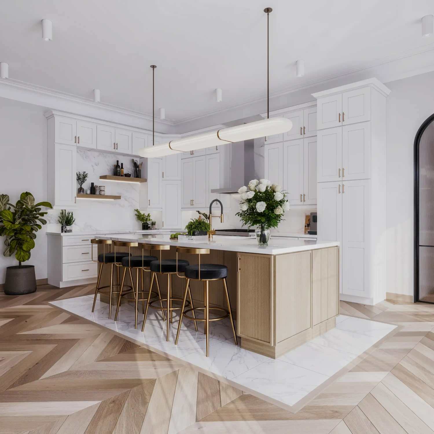 Elegant white kitchen with gold hardware and wood island
