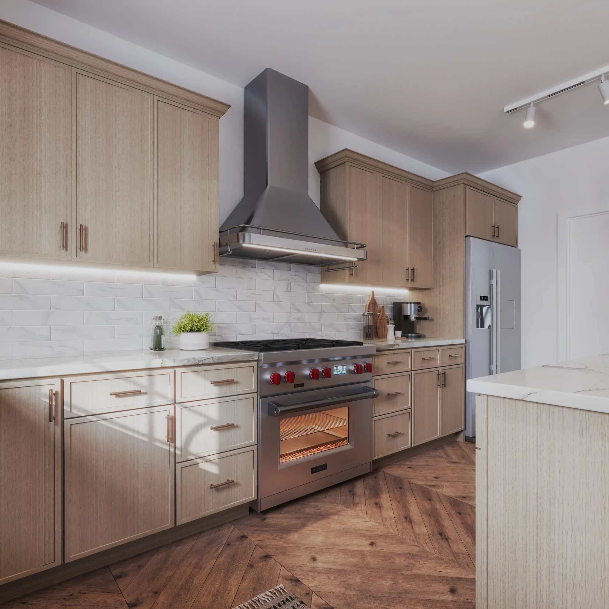 Natural light oak shaker cabinets with professional range